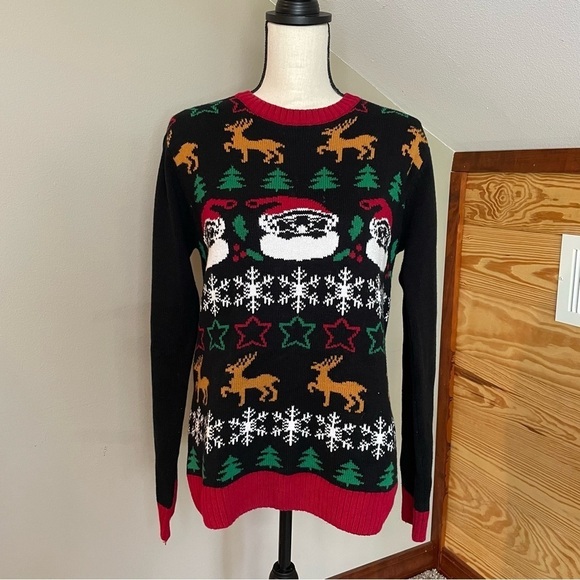 Ugly Christmas Sweater Santa Claus Reindeer Tree Snowflake Knit Sweater Medium - Picture 1 of 8